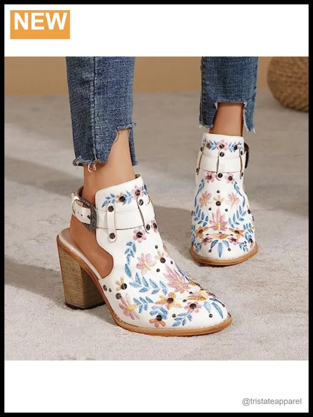 Women's Floral Embroidery Ankle Boots Buckled Backless Western Chunky Heeled